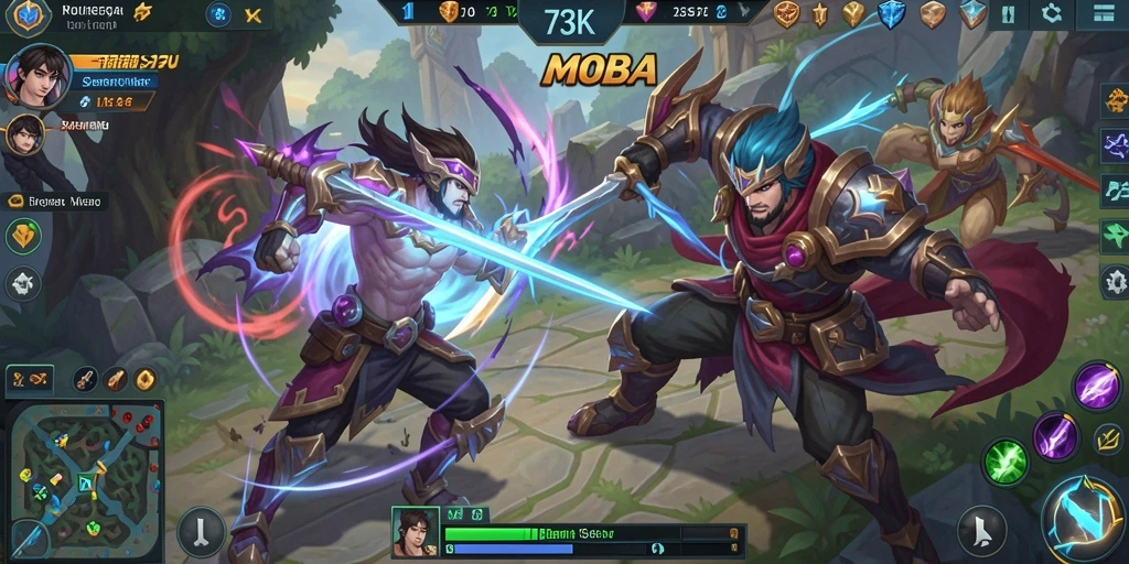 Tangkapan layar menunjukkan pertempuran epik dalam gameplay MOBA 73K.