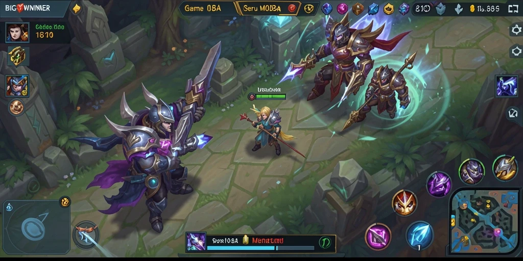 Gameplay seru dengan pertarungan antara tim di arena MOBA.