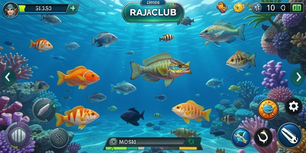 Tampilan gameplay seru di RAJACLUB dengan ikan berwarna-warni.